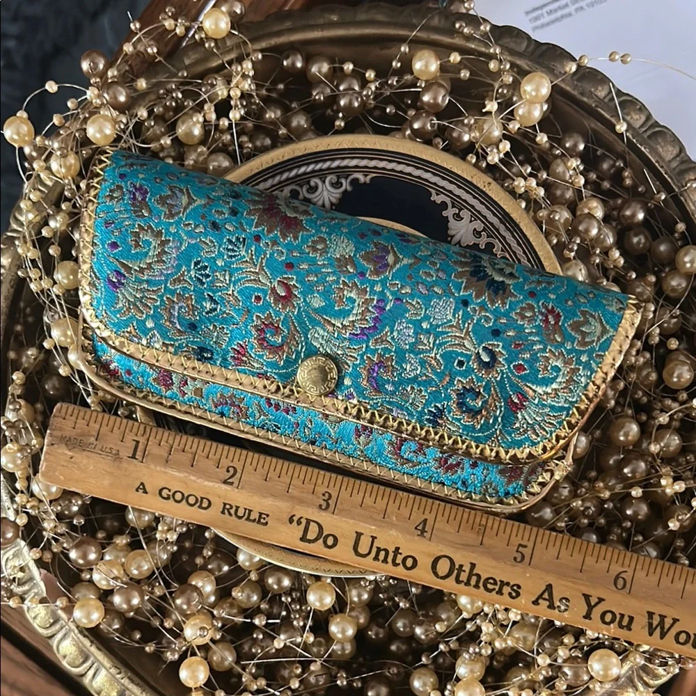 Vintage Turquoise Blue and Gold Paisley Eyeglass Case